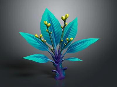 Cartoon Style Plant with Vibrant Green Leaves Yellow Buds and Purple Stem 3d model