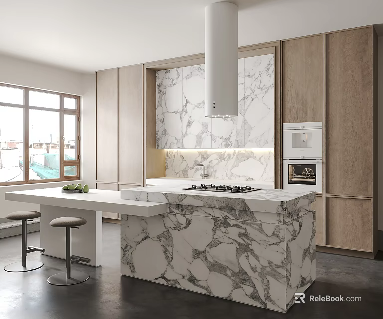 Modern Kitchen Interior With Marble Island Countertop Wooden Cabinets and Range Hood 3d model 