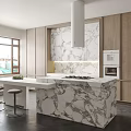Modern Kitchen Interior With Marble Island Countertop Wooden Cabinets and Range Hood