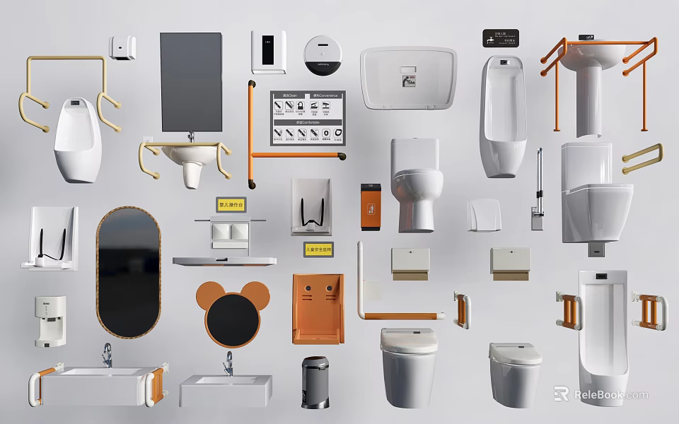 Modern Bathroom Interior With Toilet And Accessories Including Sink Mirror Shelves And Grab Bars 3d model 