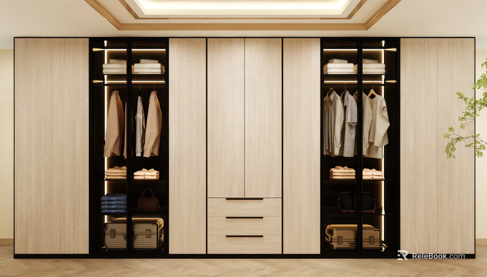 Modern Wooden Wardrobe Design With Open Storage Hanging Sections Drawers And Suitcases 3d model 