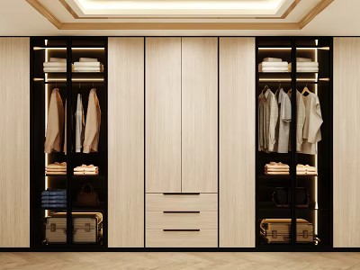 Modern Wooden Wardrobe Design With Open Storage Hanging Sections Drawers And Suitcases 3d model