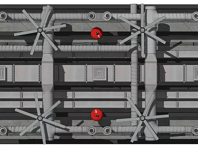 Industrial Pipes System With Gray Structural Walls Red Valves And Rotary Fans 3d model