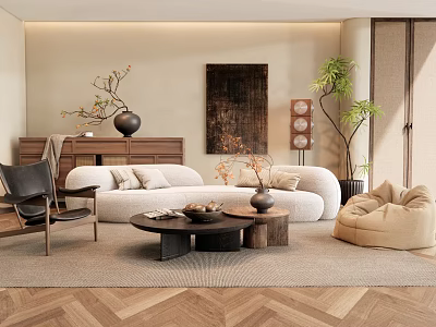 Modern Living Room Interior With Cozy Sofa Coffee Table Rug And Decorative Plants 3d model