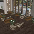 Cozy Café Interior With Wooden Floors Brown Sofas Round Tables Green Plants And Large Windows