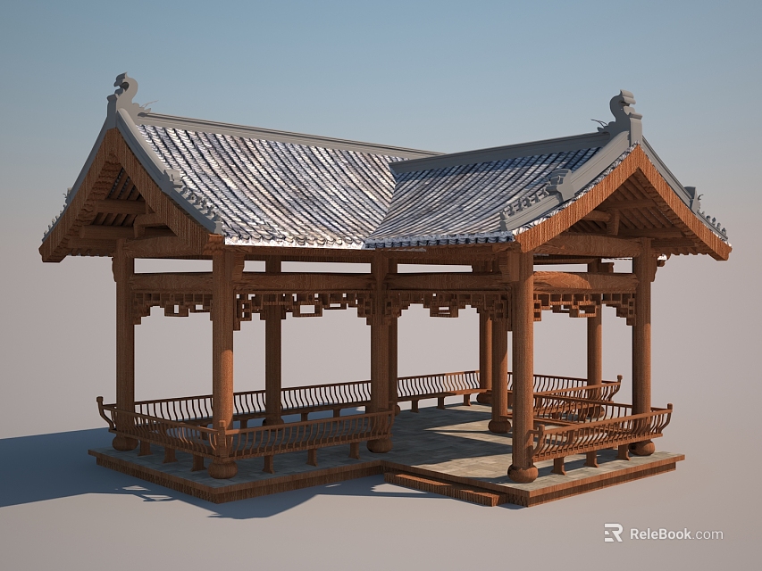 Classic Traditional Chinese Wooden Pavilion With Ornate Carved Roof And Benches 3d model 