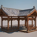 Classic Traditional Chinese Wooden Pavilion With Ornate Carved Roof And Benches