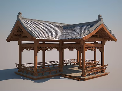 Classic Traditional Chinese Wooden Pavilion With Ornate Carved Roof And Benches 3d model