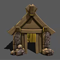 Cartoon Wooden Hut With Stone Walls Thatch Roof And Yellow Door Design Details