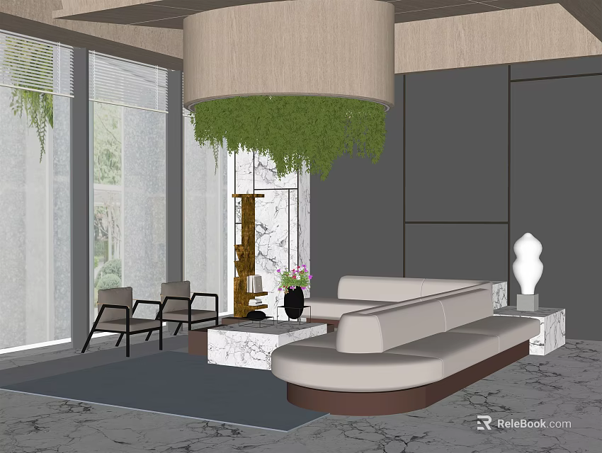 Modern Hotel Public Lounge Interior With Hanging Greenery Sofa And Floor to Ceiling Windows 3d model 