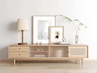 Modern Wooden TV Stand With Drawers Glass Doors Table Lamp Photo Frames And Green Plant 3d model