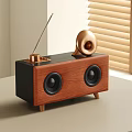 Modern Wooden Black Speaker With Dual Circular Speakers Golden Top Antenna And Window Blind Backdrop