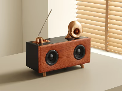 Modern Wooden Black Speaker With Dual Circular Speakers Golden Top Antenna And Window Blind Backdrop 3d model