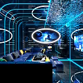 Modern Tech Style KTV Interior Featuring Blue Neon Lights Curved Lines Sofa And Coffee Table