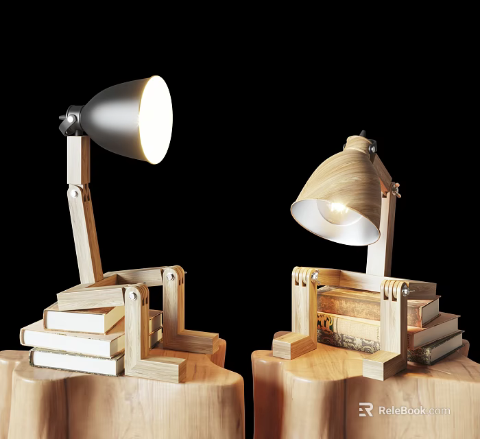 Two Wooden Table Lamps with Adjustable Arm Curved Shade and Stacked Books on Bases 3d model 