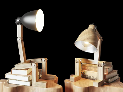 Two Wooden Table Lamps with Adjustable Arm Curved Shade and Stacked Books on Bases 3d model