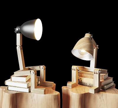Two Wooden Table Lamps with Adjustable Arm Curved Shade and Stacked Books on Bases 3d model