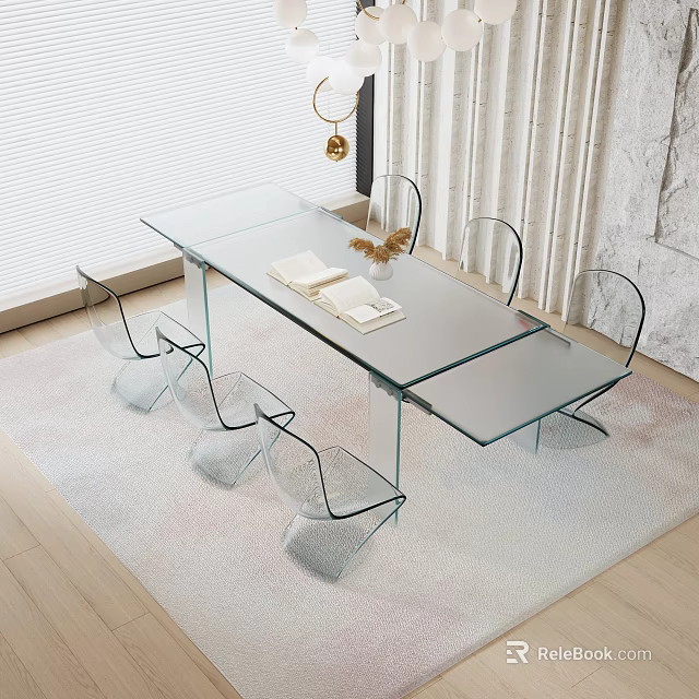 Modern Glass Dining Table With Transparent Acrylic Chairs And Books On Top In Bright Room 3d model 