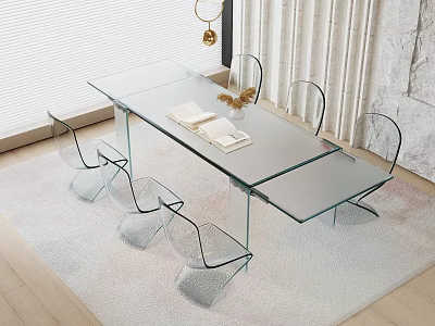 Modern Glass Dining Table With Transparent Acrylic Chairs And Books On Top In Bright Room 3d model