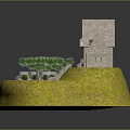 Cartoon Scene Featuring Small House On Yellow Grass With Green Trees Pathway And Pink Flowers