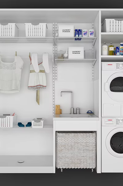 Organized Laundry Room Storage Shelves With White Baskets Hanging Clothes And Washing Machines 3d model