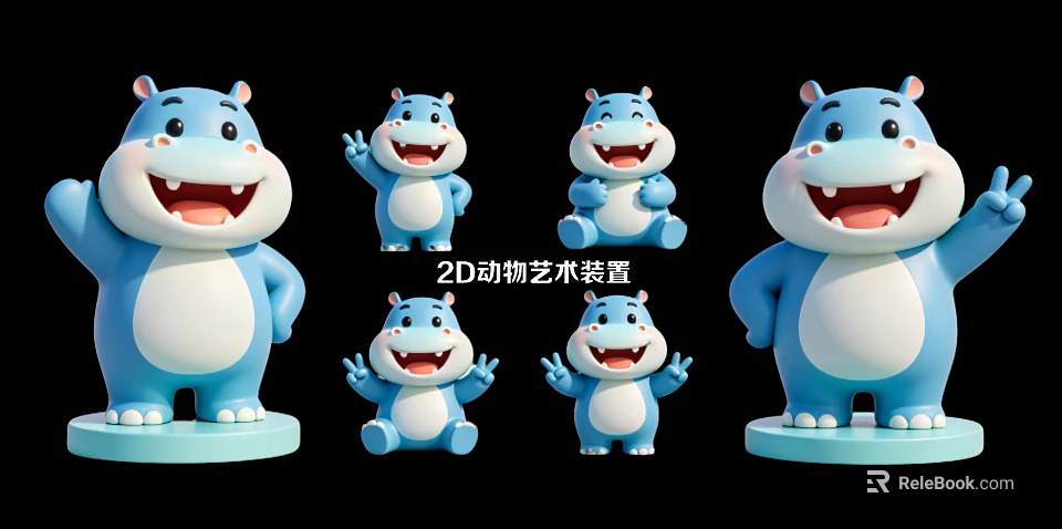2D Animal Art Installation With Blue Hippo Figures In Various Poses 3d model 