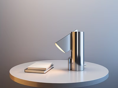 Modern Metallic Table Lamp With Stacked Books On White Round Table 3d model