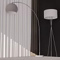 Modern Arched and Tripod Floor Lamps with White Shades Curtains Dark Wall Wooden Floor