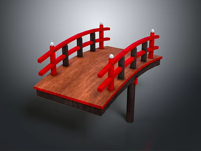 Traditional Japanese Style Arched Bridge With Red Railings And Wooden Deck 3d model