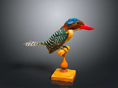 Kingfisher Wooden Sculpture Featuring Blue Head Colorful Feathers Red Beak And Yellow Stand 3d model