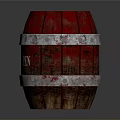 Red Wooden Barrel With Silver Metal Hoops And DO NOT OPEN Sign On Dark Background
