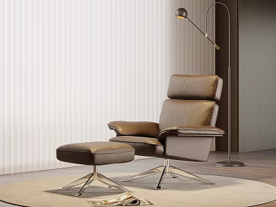 Modern Recliner Chair With Ottoman On Rug Near Floor Lamp And White Blinds 3d model