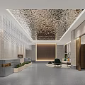 Modern Front Desk Reception Lobby Featuring Metallic Ceiling Floor to Ceiling Windows and Green Plants