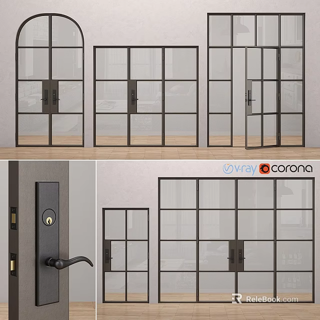 Modern Swing Door With Glass Panels And Metal Frame For Interior Design 3d model 