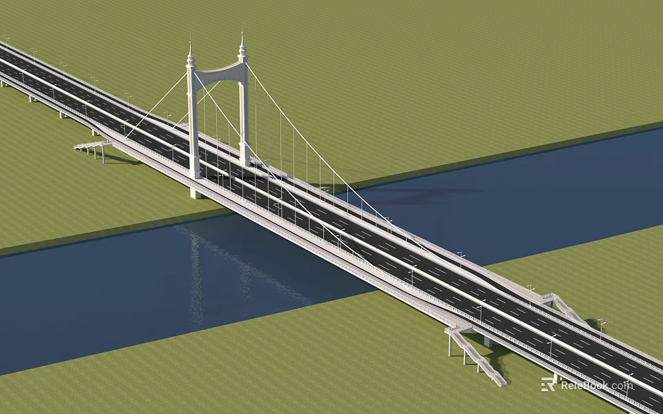 Modern Cable Stayed Bridge Featuring White Towers And Cables Spanning Blue River On Green Grass 3d model 
