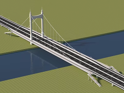 Modern Cable Stayed Bridge Featuring White Towers And Cables Spanning Blue River On Green Grass 3d model