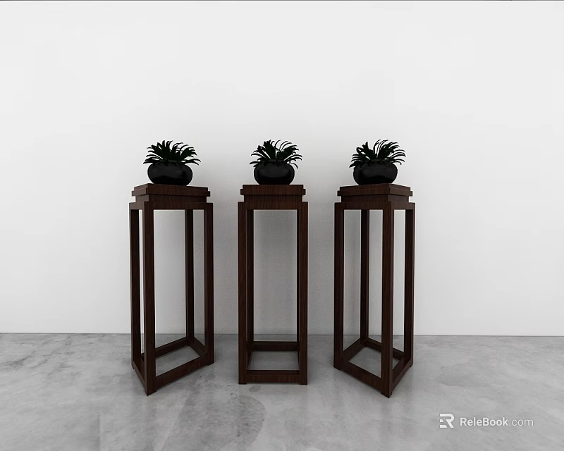 Three Dark Wooden Side Tables With Green Plants On Top In Minimalist Indoor Setting 3d model 
