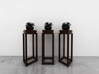Three Dark Wooden Side Tables With Green Plants On Top In Minimalist Indoor Setting 3d model