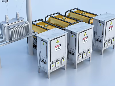 Industrial Electrical Equipment Featuring Transformers And Metal Cabinets Arranged In Rows With Warning Signs 3d model
