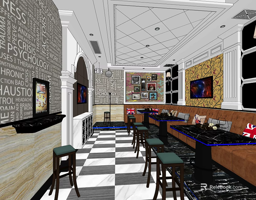 Modern KTV Lounge Interior With Sofas Bar Stools Checkered Floor and Wall Decor 3d model 
