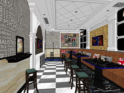 Modern KTV Lounge Interior With Sofas Bar Stools Checkered Floor and Wall Decor 3d model