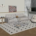 White Sofa And Round Coffee Table Set With Gray Blanket Throw Pillows Checkered Rug 3d model