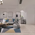 Modern Living and Dining Room Interior With Wooden Dining Table Chairs Pendant Light And Cabinets