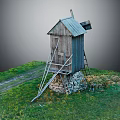 Old Wooden Windmill with Stone Pedestal on Green Grassland and Path