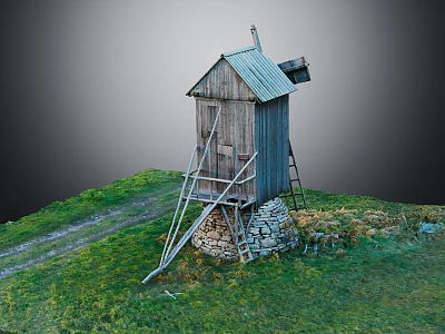 Old Wooden Windmill with Stone Pedestal on Green Grassland and Path 3d model