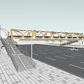 Pedestrian Bridge With Unique Circular Frame Over Parking Lot Featuring Street Lights And Trees