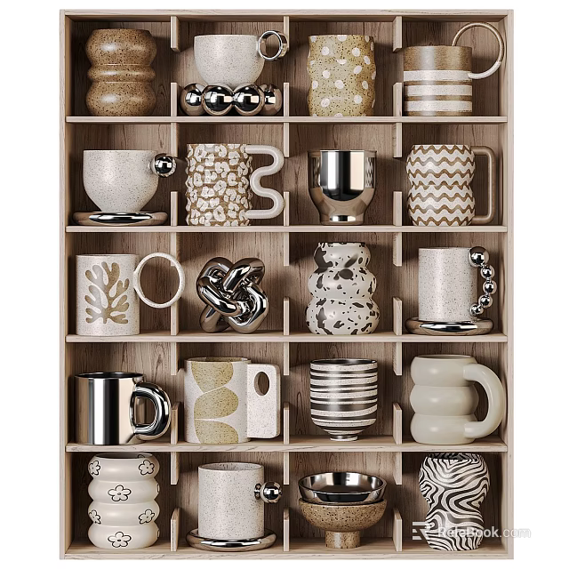 Various Designed Ceramic and Metal Mugs on Wooden Display Shelf with Different Patterns 3d model 