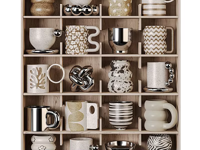 Various Designed Ceramic and Metal Mugs on Wooden Display Shelf with Different Patterns 3d model
