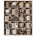 Various Designed Ceramic and Metal Mugs on Wooden Display Shelf with Different Patterns