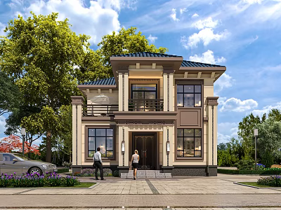 Detached Villa Exterior Design With Green Trees Lawn Car And People Near Entrance 3d model